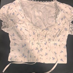 Mine White and Blue Floral Top with Lace